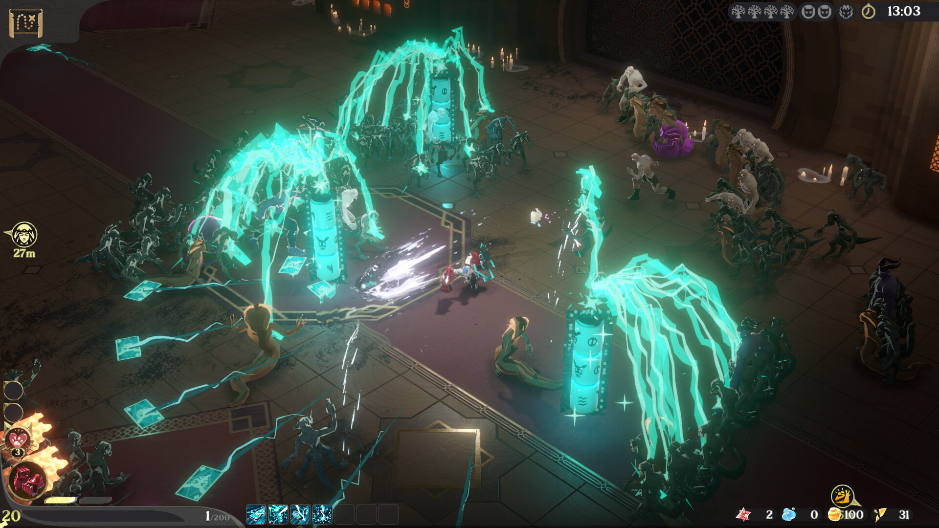 Ember and Blade combat inside a vaulted library hall, with towering cyan lightning pillars cutting through a dense demon horde