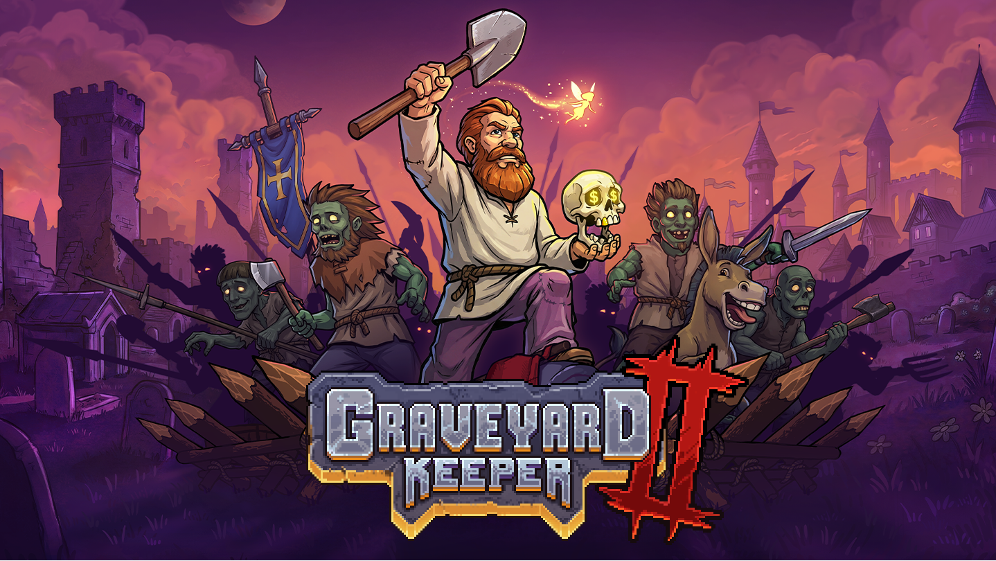 Graveyard Keeper 2 key art: the Grand Inquisitor raises a shovel and holds a skull with coin eyes, flanked by axe- and spear-carrying zombies and a donkey, with a fairy overhead and castle ruins and gravestones behind them