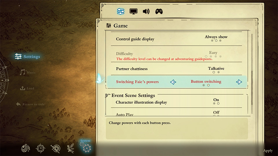 The Game settings menu with rows for control guide display, difficulty, partner chattiness and switching Faie powers