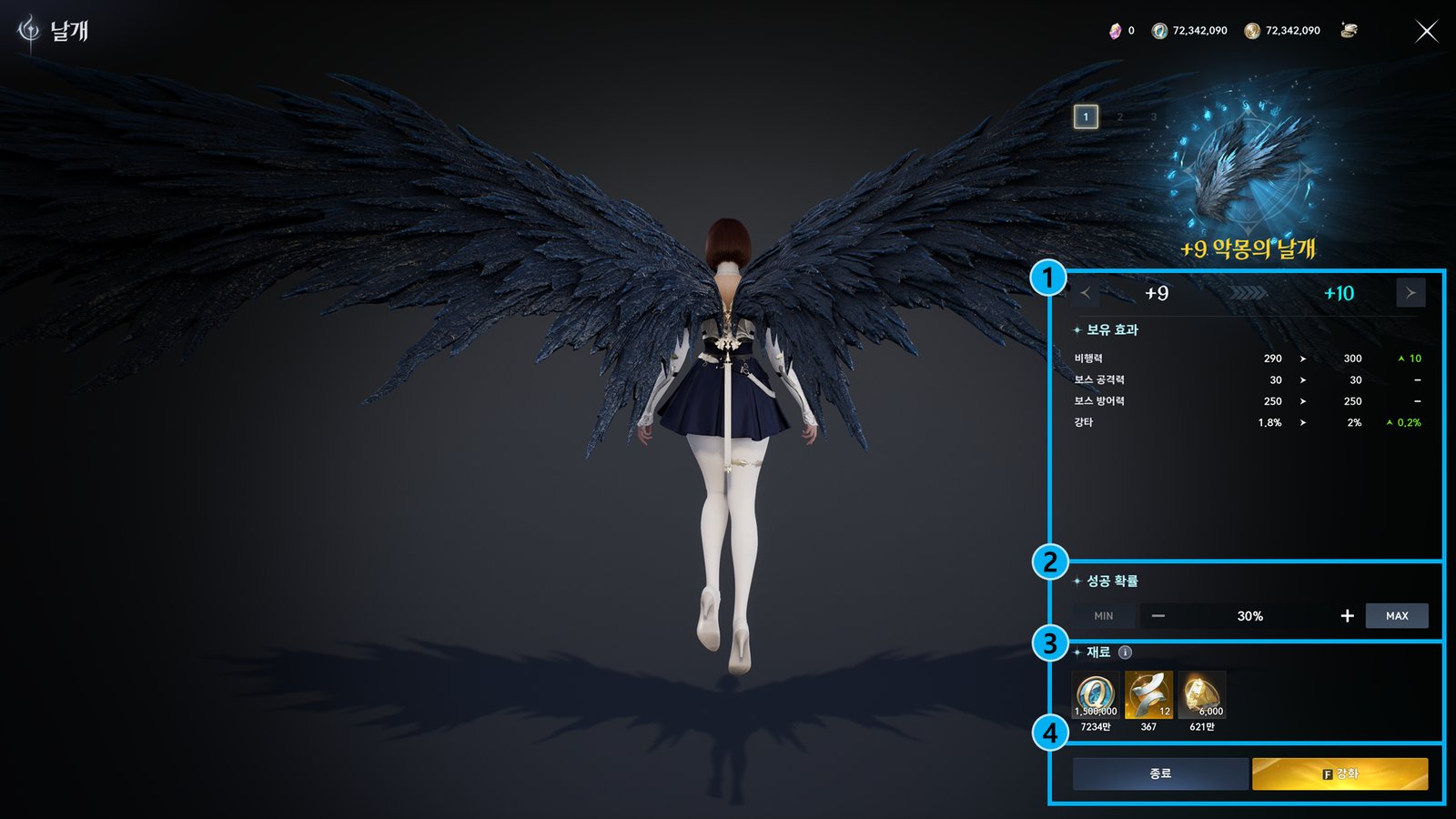 The wing enhancement screen for dark feathered wings at +9, showing holding effects, success chance and materials, in Korean