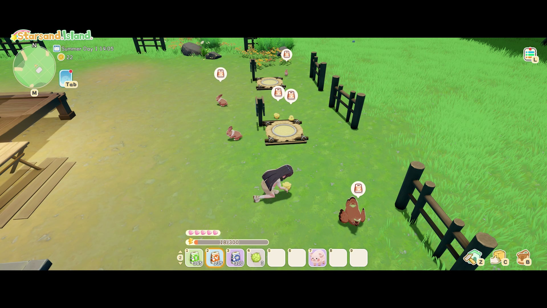 Caring for small animals at the ranch with feed bowls and hay bales