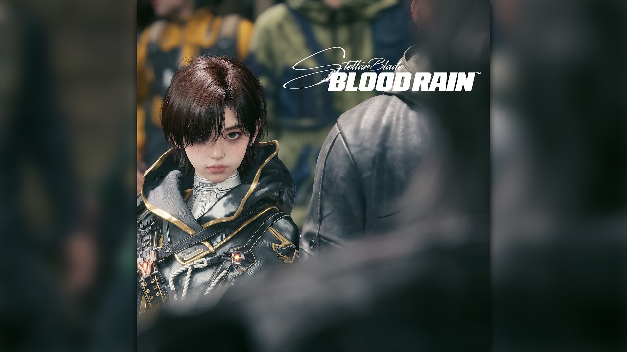 Artwork accompanying the trailer track releases, Evie in a black coat among blurred passers-by