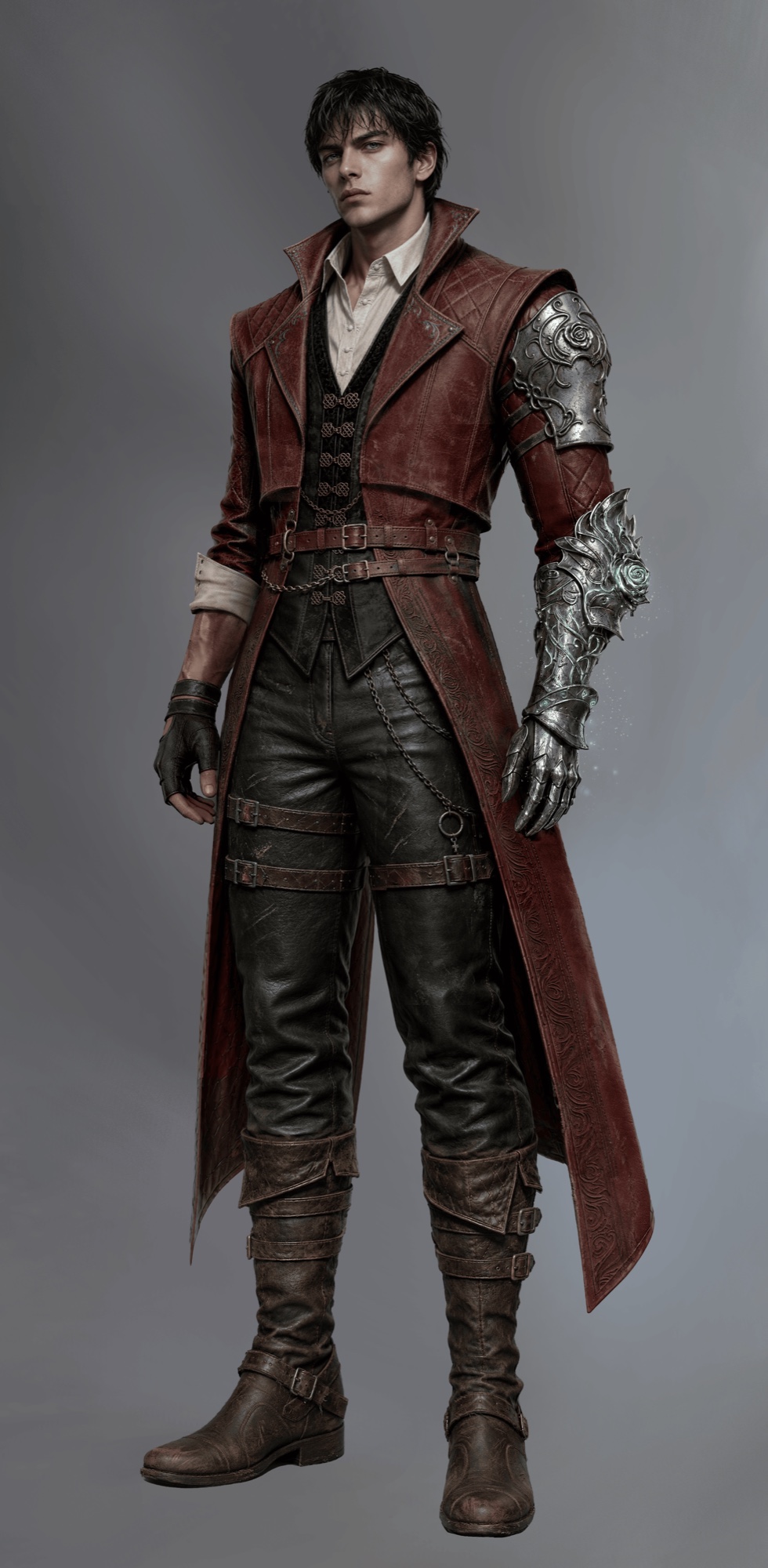 Male Spectral Blade concept art from the September 2026 dev note: lean swordsman in a long red coat with an ornate silver gauntlet