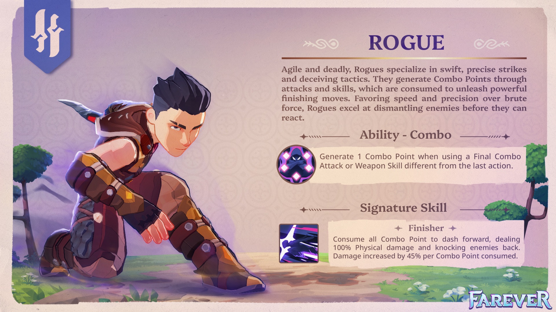 Official Farever class showcase card for the Rogue, showing the class crouched in leather armour with a sheathed blade alongside its Combo Point ability and its Finisher signature skill