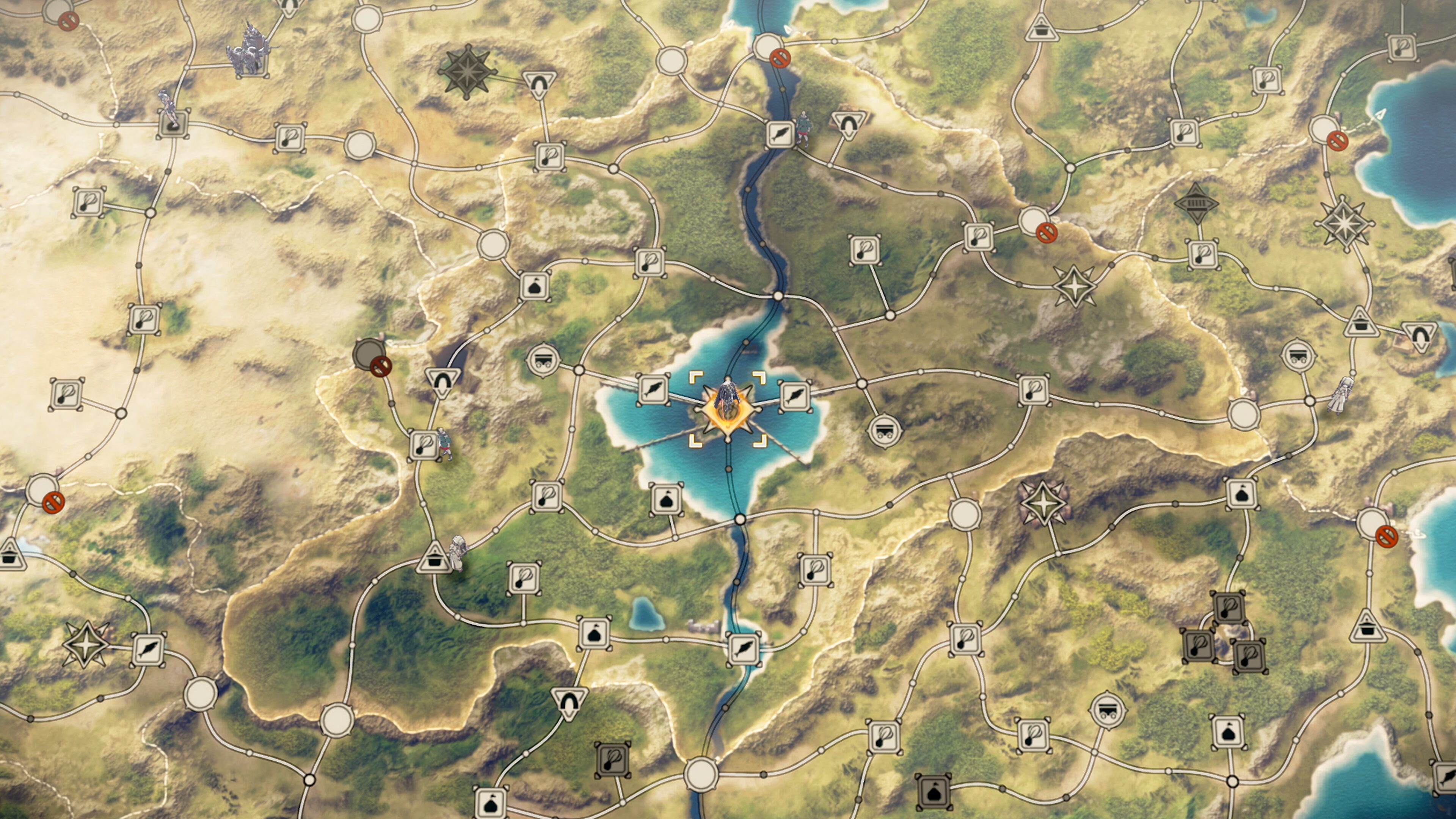 The overland strategy map showing road nodes, activity icons and units moving between locations