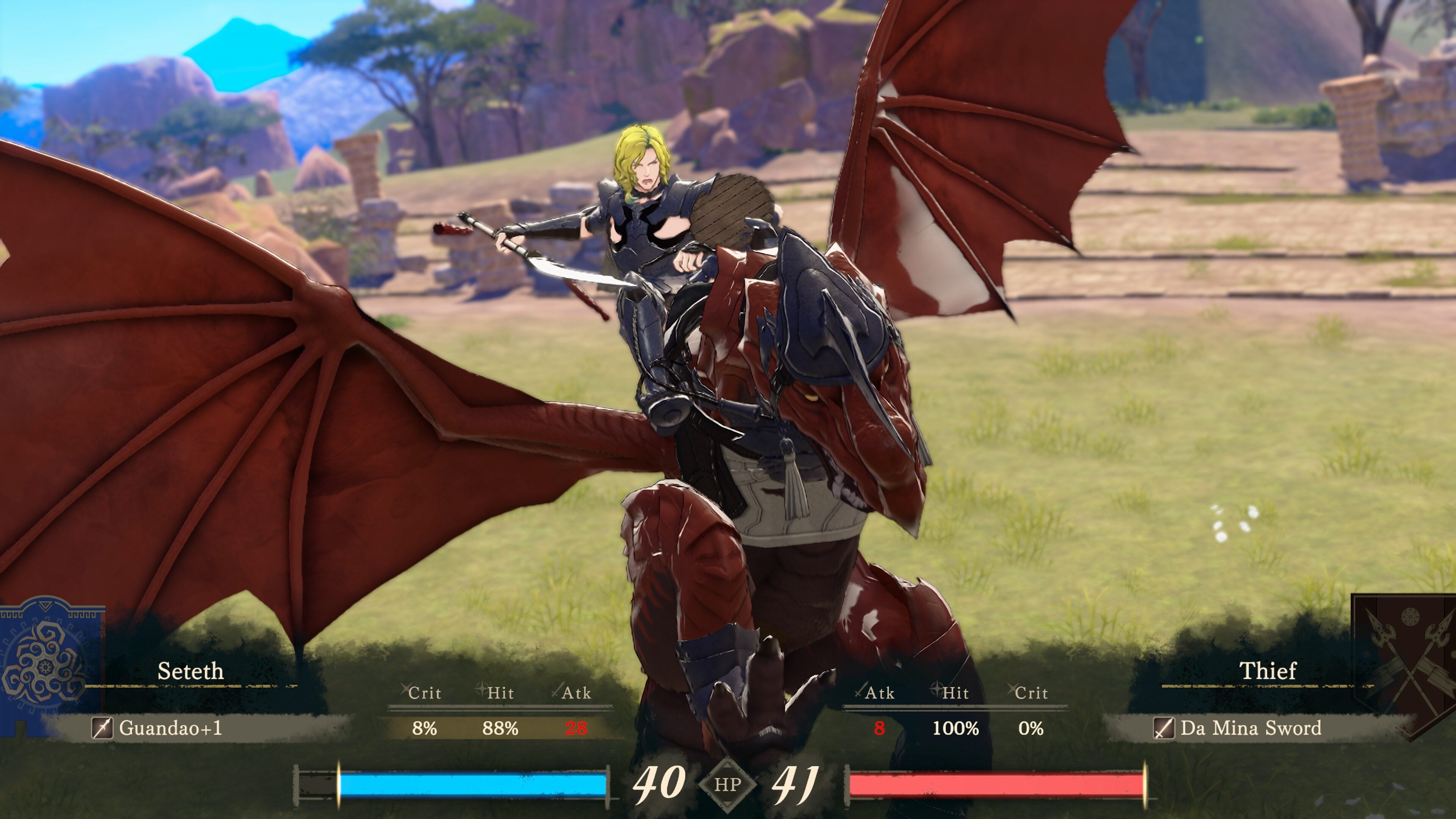 Seteth swinging a guandao from the back of a red wyvern in open scrubland