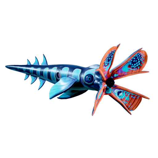 Houndgar creature portrait from Subnautica 2 showing its dark blue squid-like body with bright blue bands