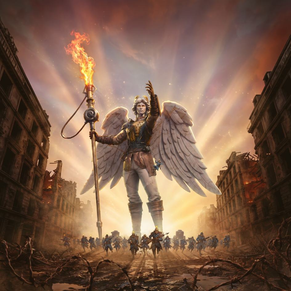 Victoria raises a flaming spear beside her wings as soldiers advance