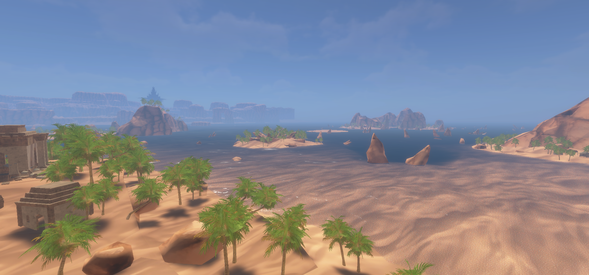 In development view of a shallow coastal shoal with palms and rock stacks under a bright sky