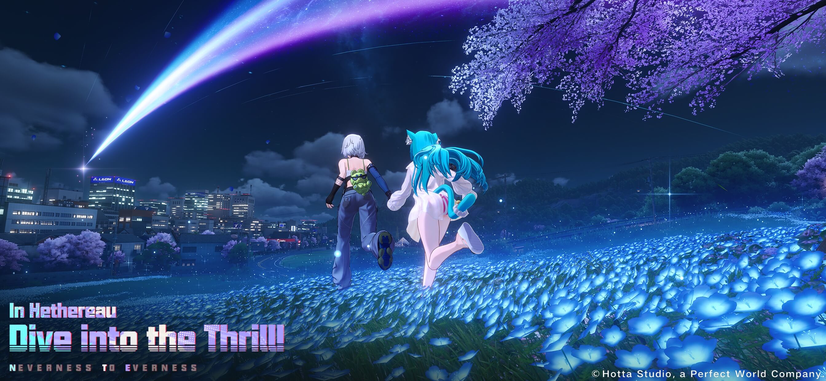 Hethereau city night skyline with two characters running through a flowering field