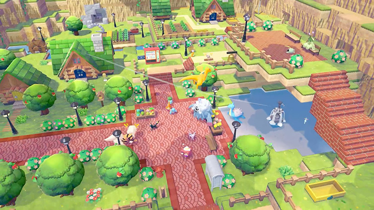 A fully developed Pokopia town with buildings, gardens, paths, and Pokemon roaming the streets