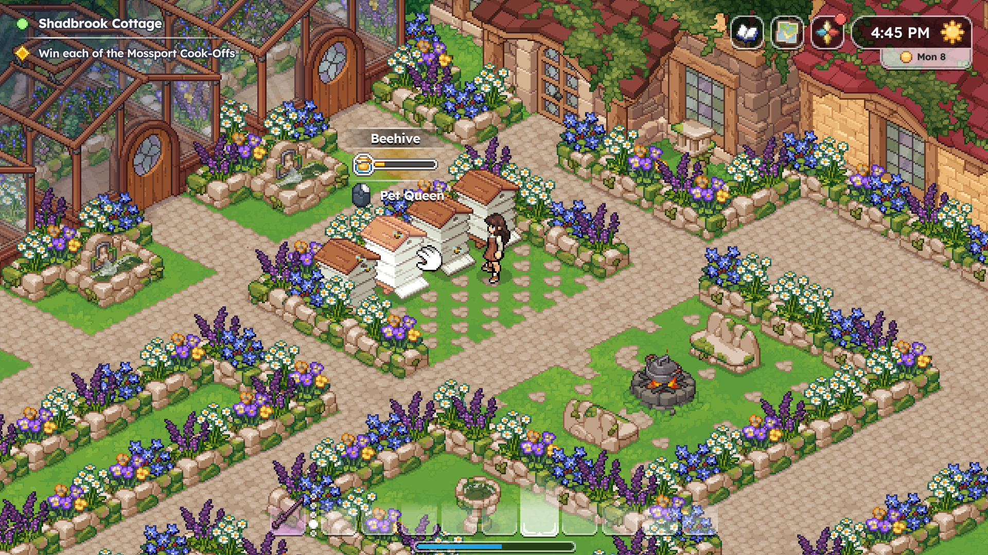 Three beehives in a flower-filled cottage garden at Shadbrook Cottage, with an interaction tooltip reading Beehive over a honey meter and a Pet Queen prompt; the objective tracker reads Win each of the Mossport Cook-Offs and the clock shows 4:45 PM on Mon 8