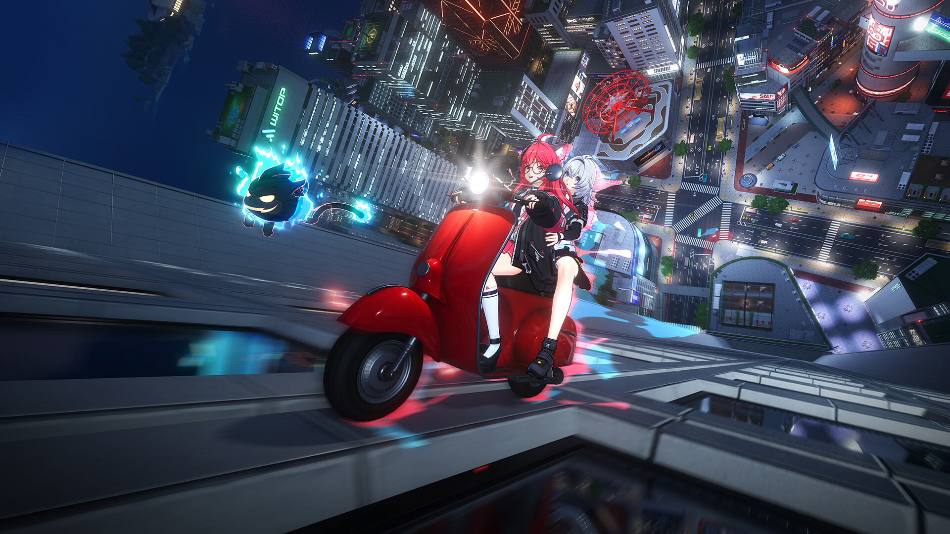 Two characters riding a red scooter off a rooftop above the neon Hethereau skyline at night