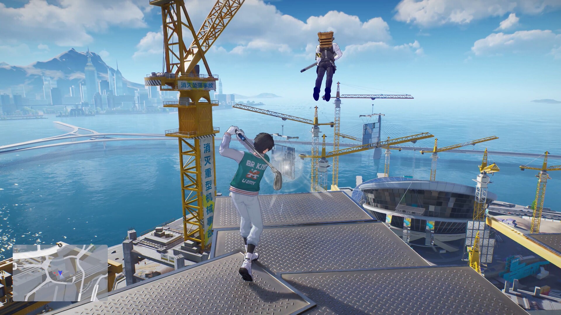 Launching an opponent off a waterside construction site with a swing of a golf club