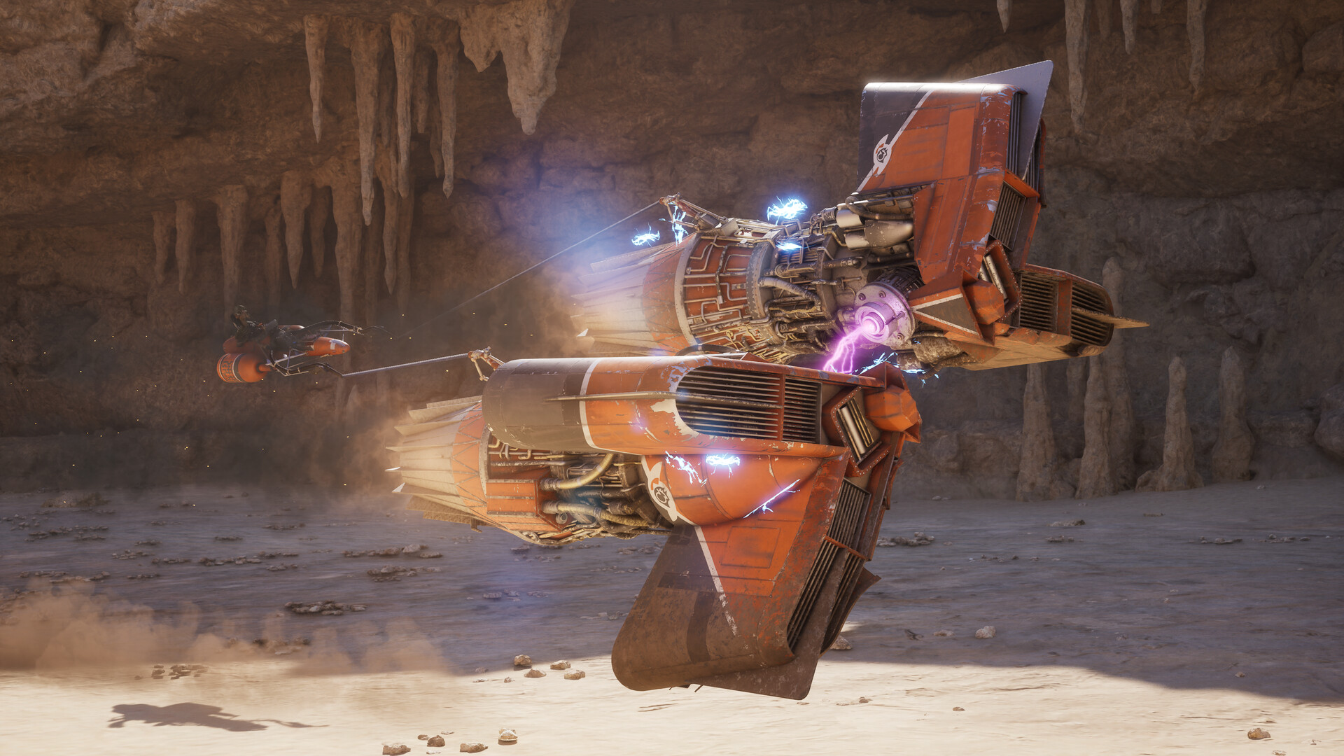 Orange podracer hovering in a stalactite cave with energy arcing between its engines