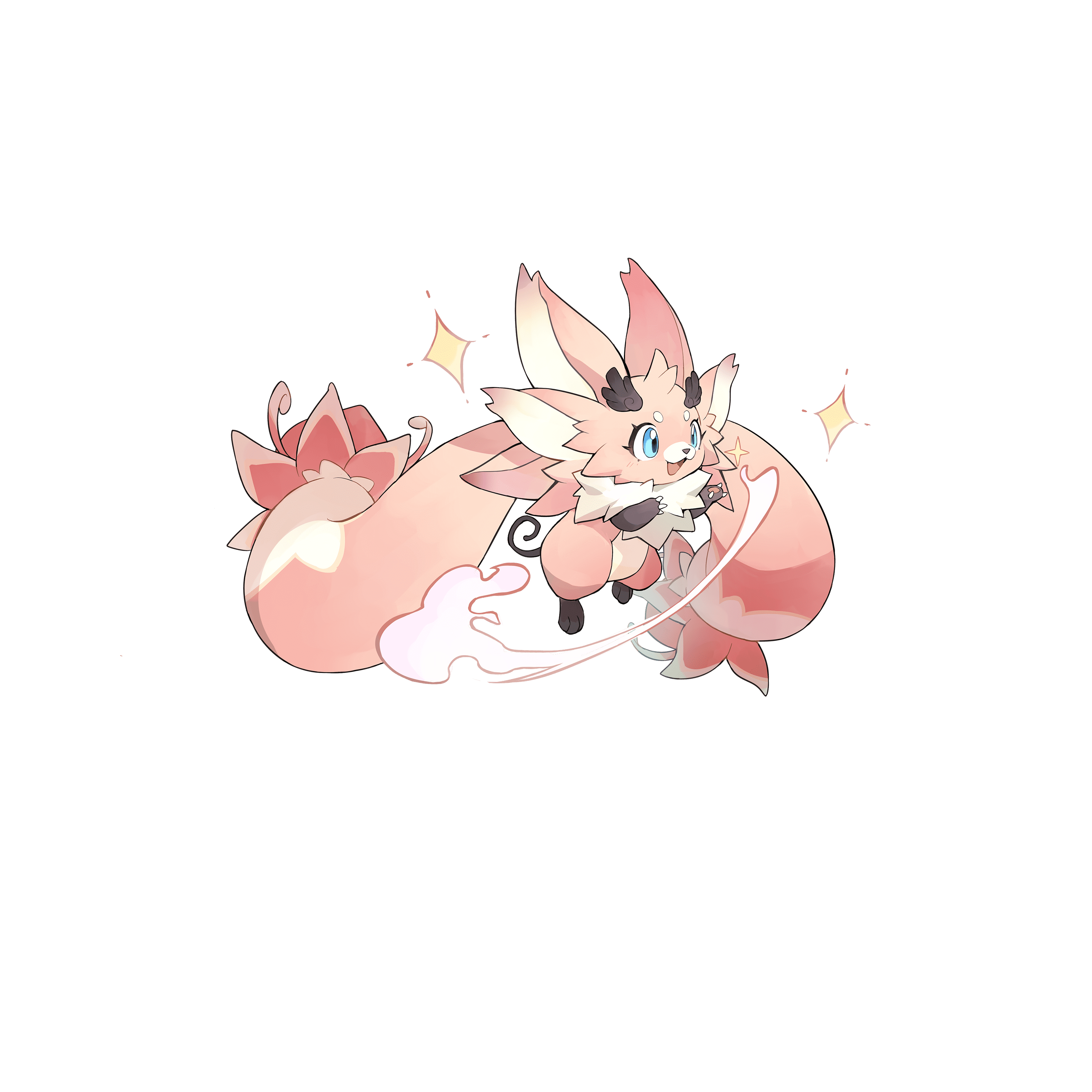 Downybrinny, a pink fluffy Kibo with many ears, lying down with sparkles around it