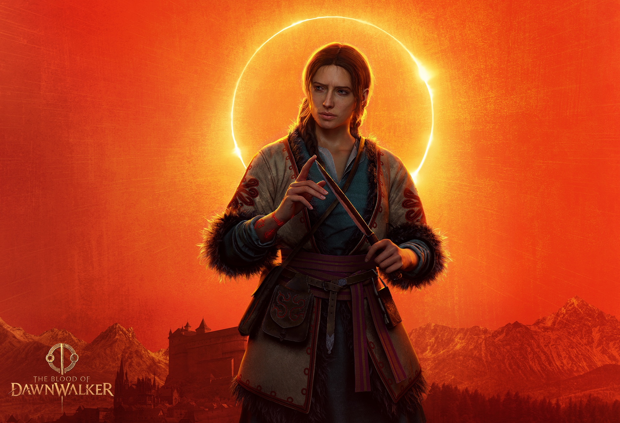 Official character art of Anca, the Laslea healer, in a fur-trimmed coat holding a slender wand before a solar eclipse