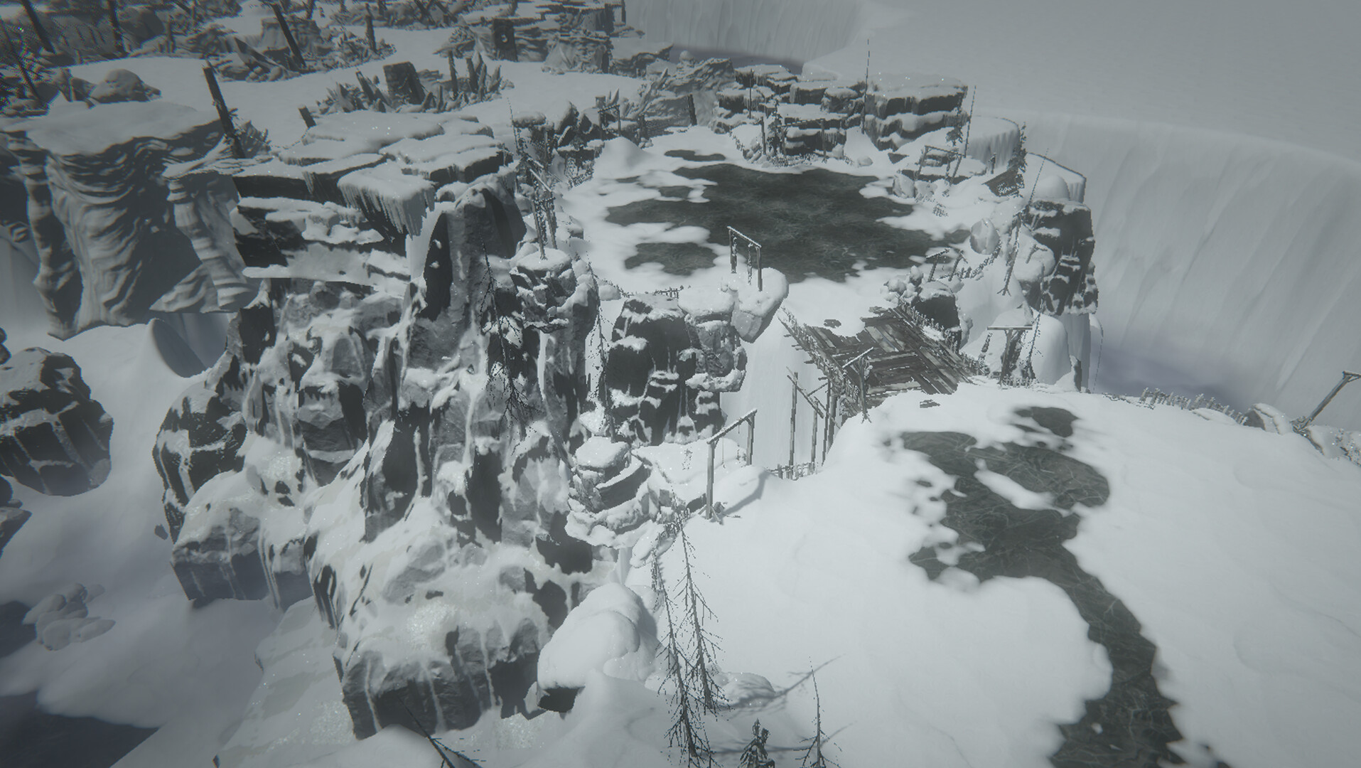 Ember and Blade snowbound region of frozen cliffs, buried ruins and wooden walkways under heavy white fog