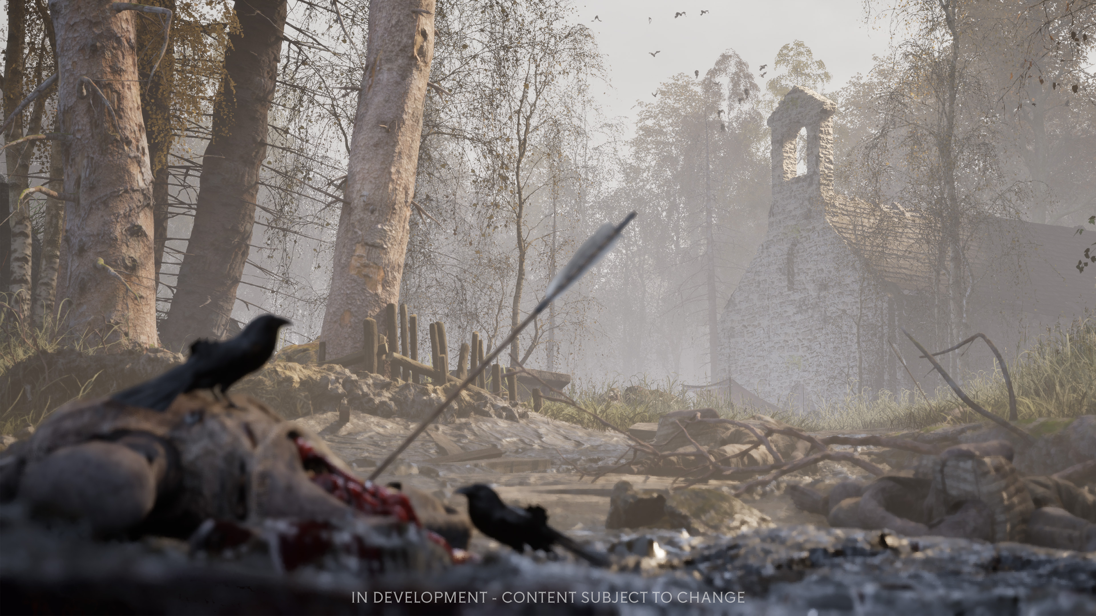 A handcrafted mission area from the July 2026 developer update: a fallen soldier with a spear, crows and a ruined chapel in a dead forest