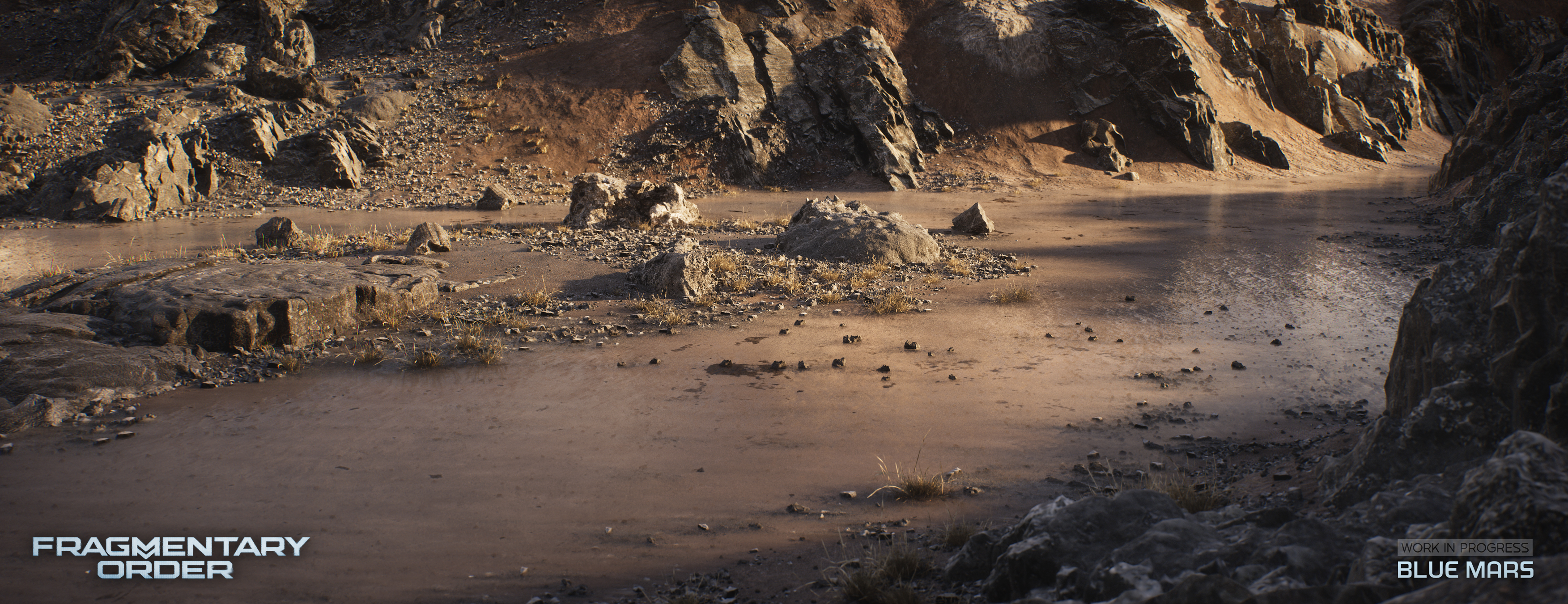Blue Mars in-engine screenshot: a shallow braided riverbed running through an eroded rock canyon at low sun, with scattered boulders and patches of dry grass on the banks