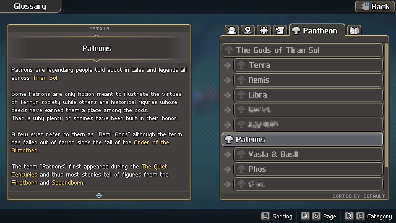 The in-development Glossary menu open on the Pantheon category, listing the gods of Tiran Sol and the Patrons alongside a lore entry