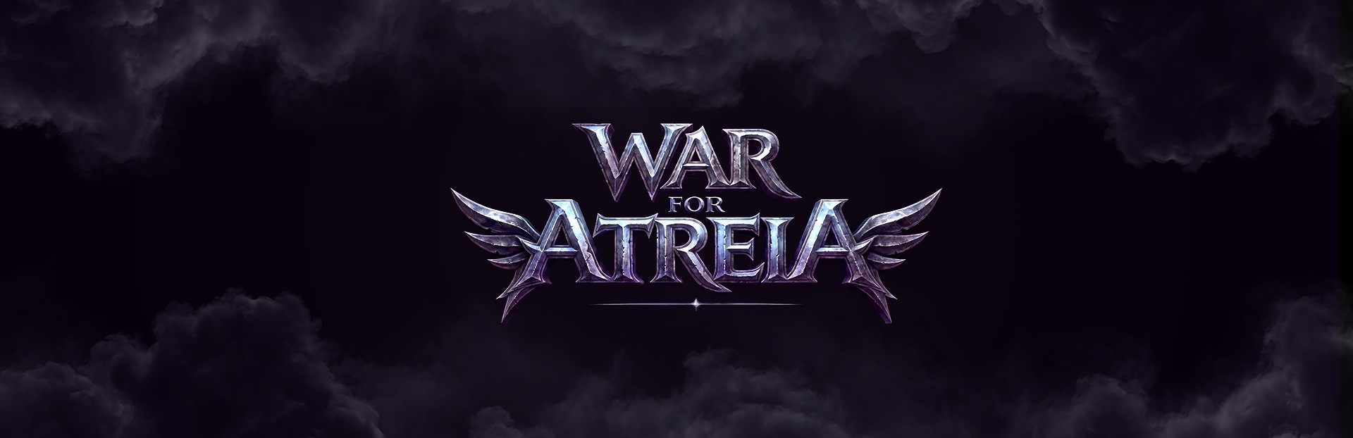 War for Atreia event logo with purple winged lettering on a dark cloudy background