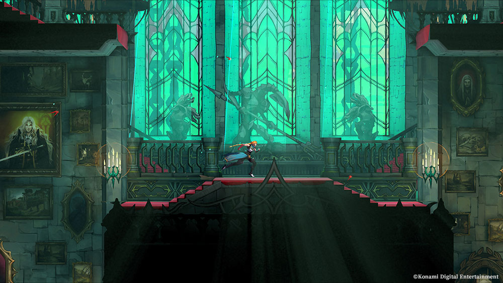 Rose runs along a balustrade in a castle gallery of paintings beneath tall teal stained glass with gargoyle silhouettes