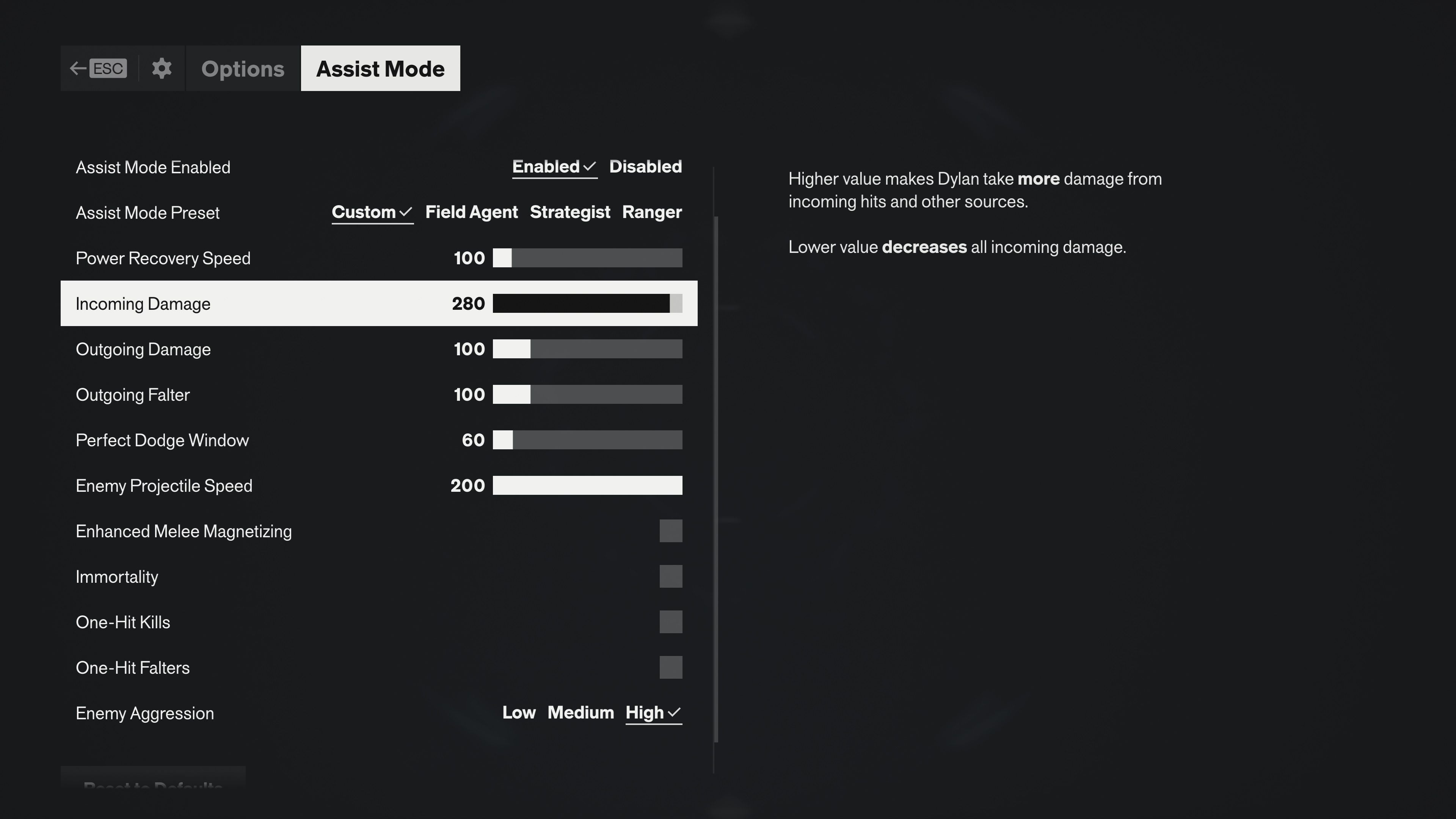 Assist Mode options screen configured to be harder than default, with Incoming Damage at 280, Enemy Projectile Speed at 200, Perfect Dodge Window at 60 and Enemy Aggression on High