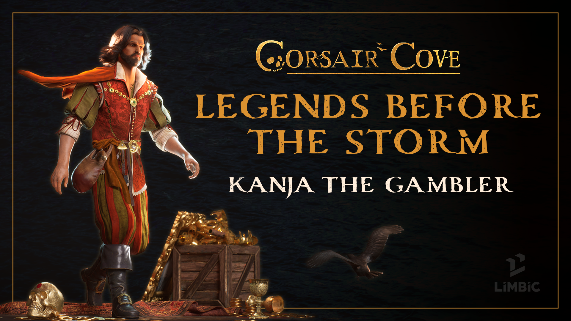 Key art of the pirate captain Kanja Shan, the Gambler, in ornate merchant dress beside a treasure chest full of gold