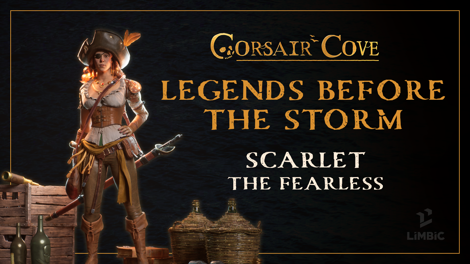 Key art of the pirate captain Scarlet Drake, the second character revealed in the pre-launch lore series, shown in period dress with a cutlass