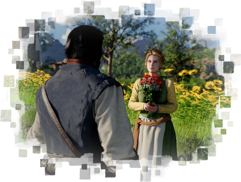 A player character facing a villager who holds red flowers in a sunflower field