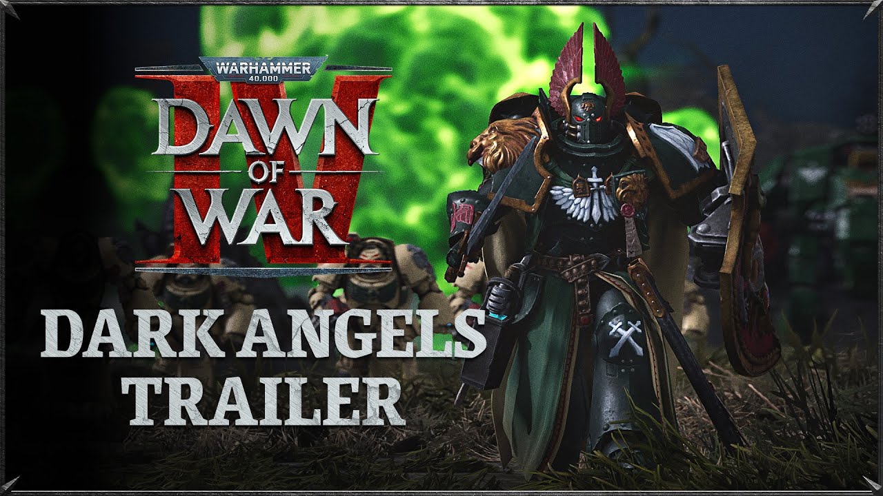 A Dark Angels Terminator in green and bone armour standing before Necron green light in Warhammer 40,000: Dawn of War IV