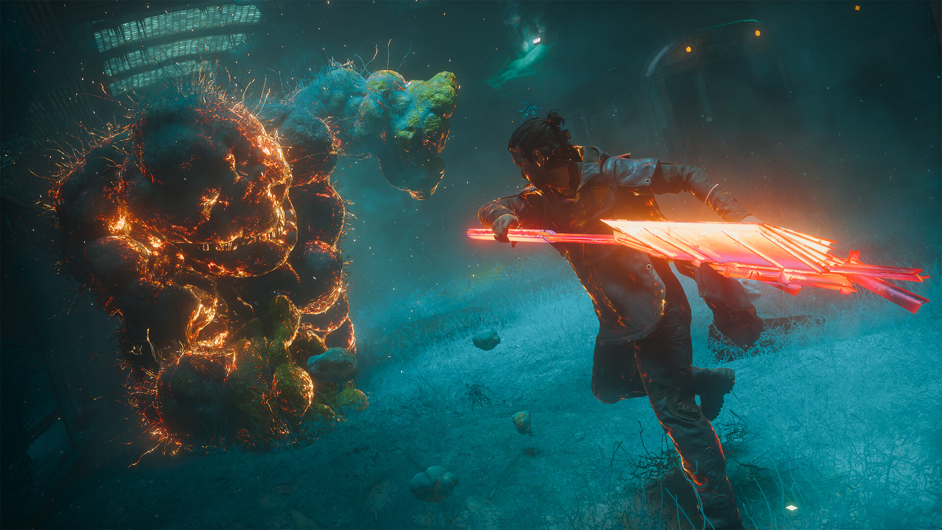 Dylan Faden swinging a glowing red slab form of the Aberrant at a towering mound of mould that has formed a scowling face and is threaded with orange fire, on ground carpeted in blue-green growth