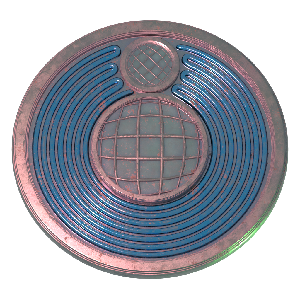 The Collective faction emblem from D.O.R.F., a circular metal disc bearing a globe design
