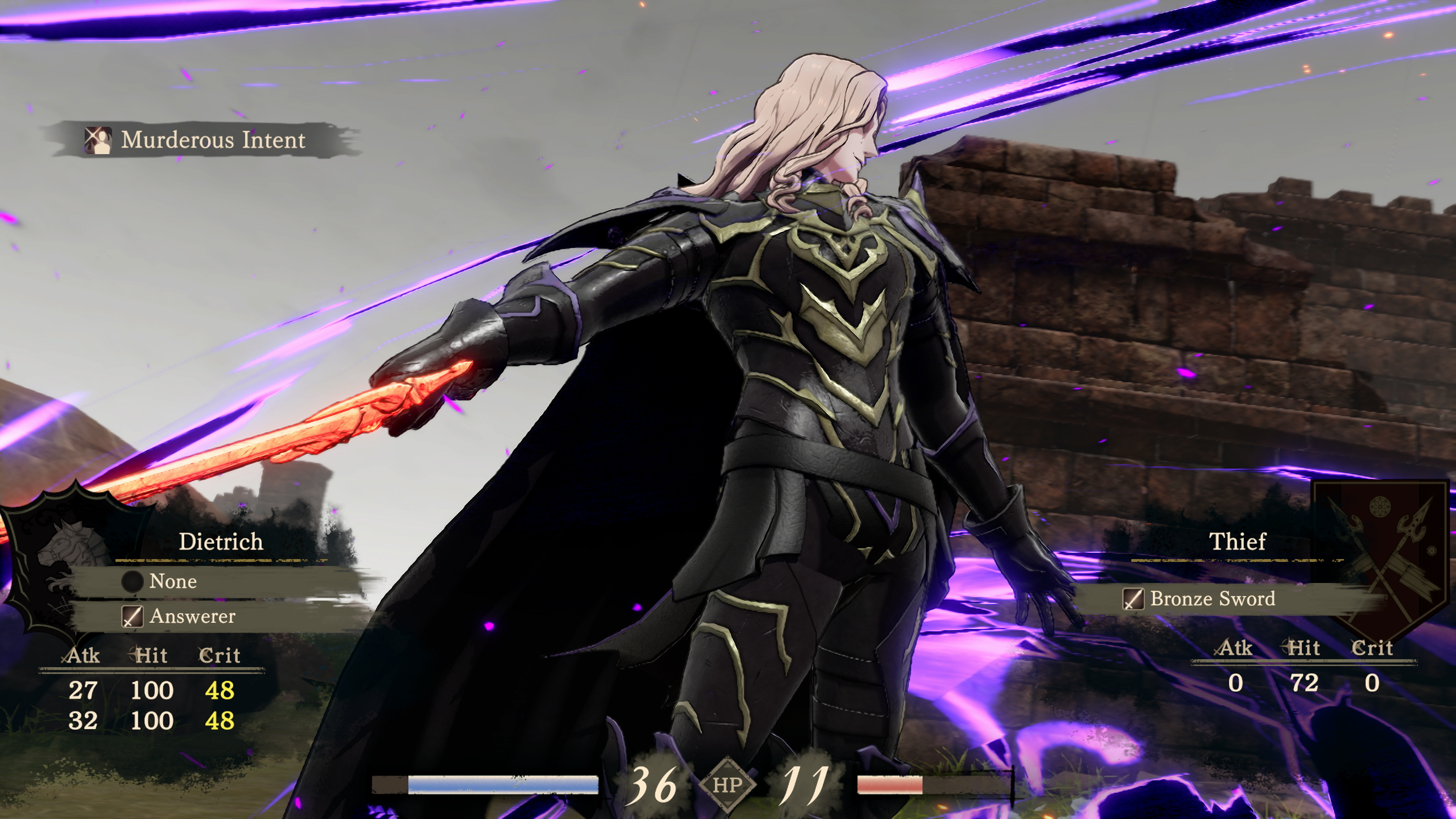 Dietrich extending the Answerer as a blade of red light with the Murderous Intent skill banner displayed
