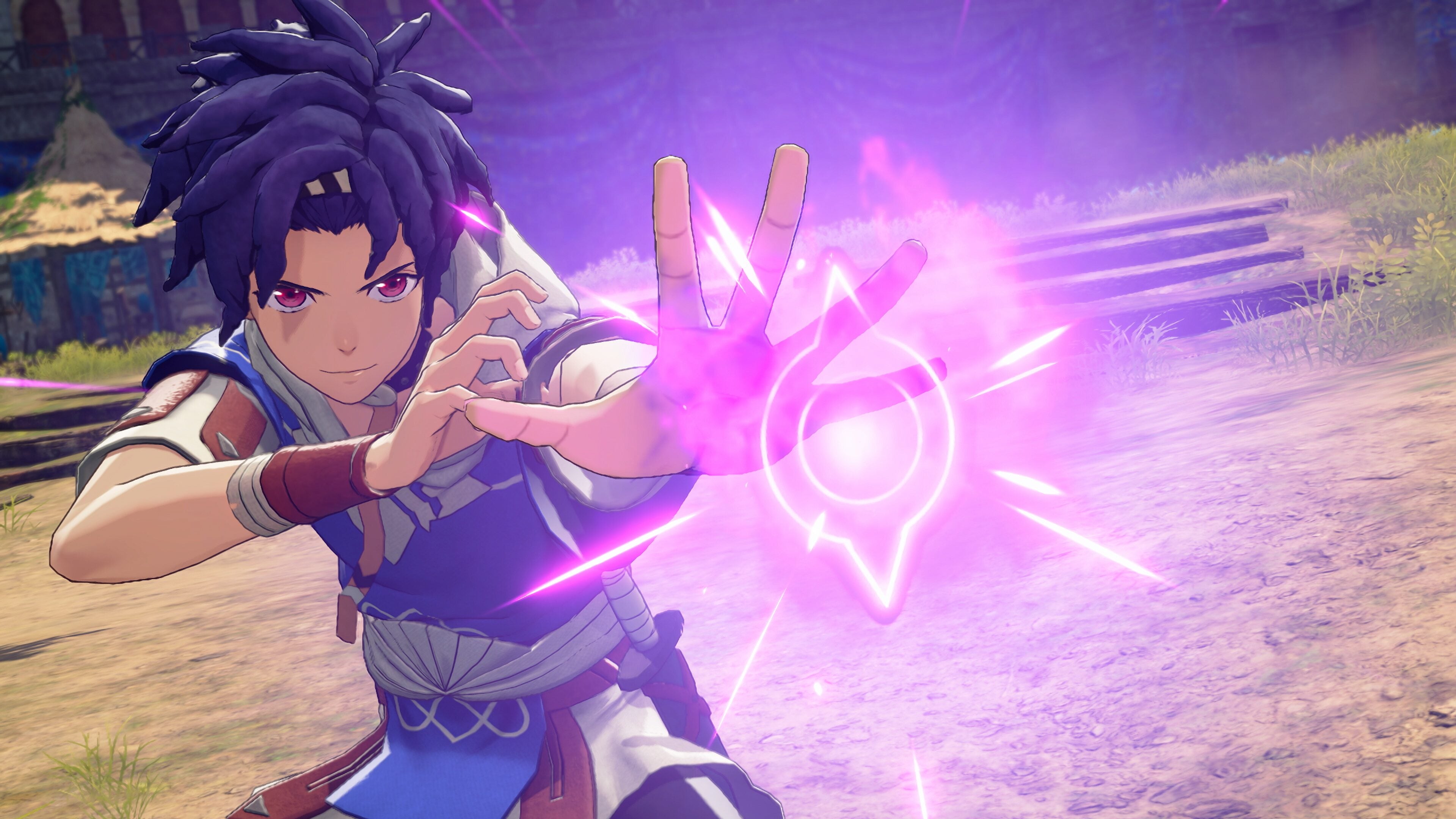Cai channelling a glowing magenta sigil above his open palm on a dusty battlefield