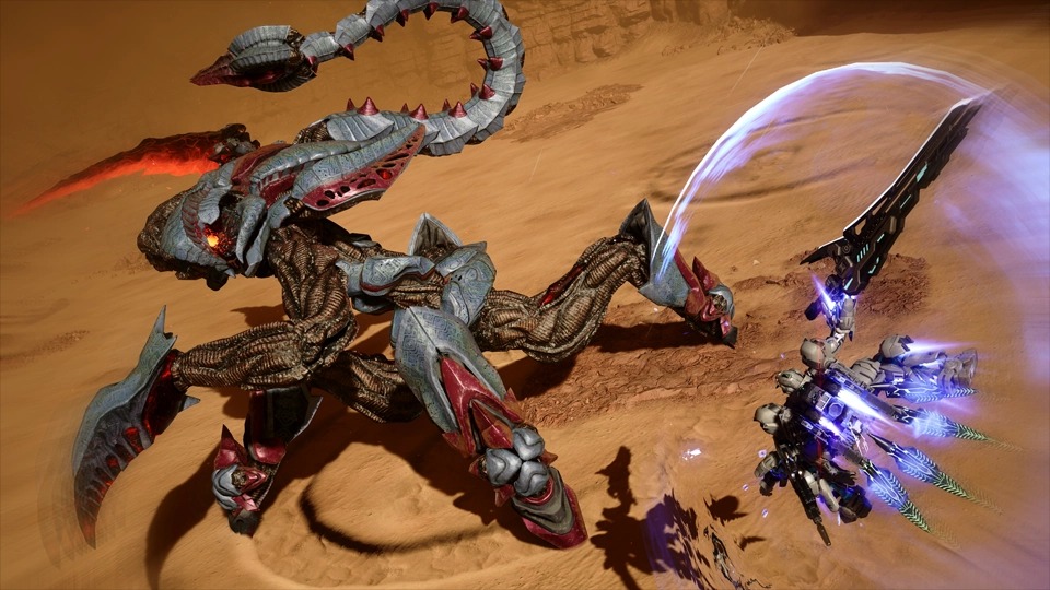 Gundam Helix sweeps its blade in a bright arc at a towering scorpion-like Apocalypse creature across an orange desert
