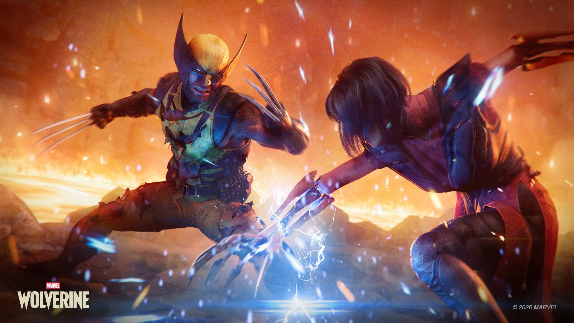 Wolverine in the yellow suit lunges at Deathstrike, whose bladed fingers crackle with blue energy, against a fiery orange backdrop