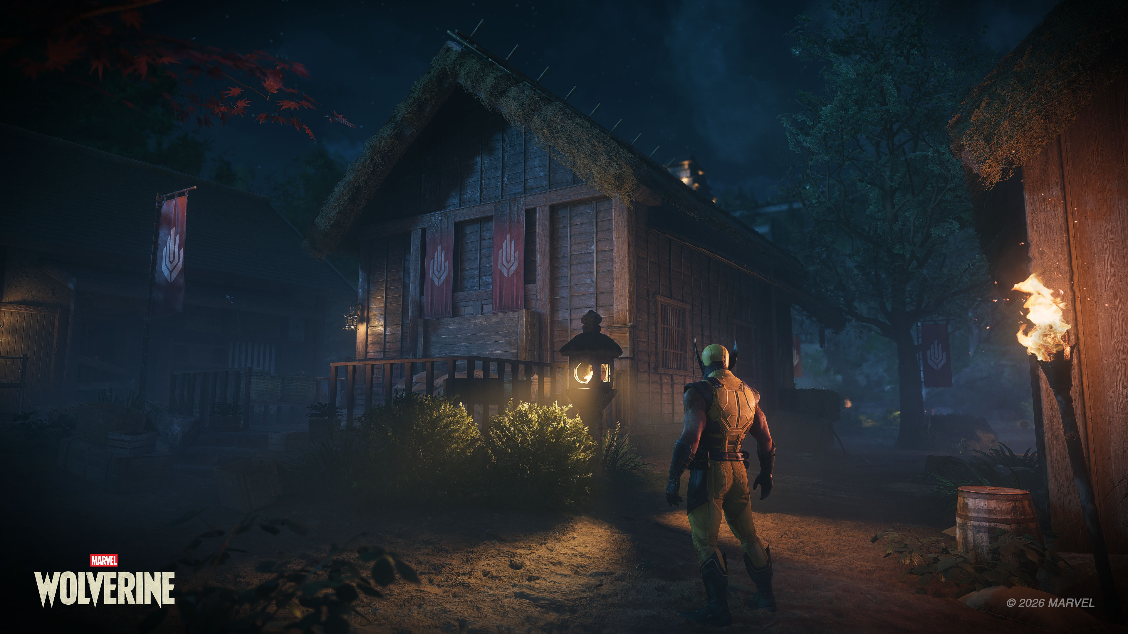 Wolverine walking toward a thatched-roof timber village house at night, red claw-emblem banners on the facade, a burning torch at right and a castle keep on the horizon