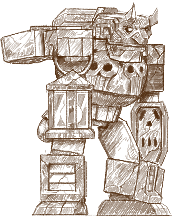Concept sketch of a towering Deep Dwarf walking suit built from plated machinery