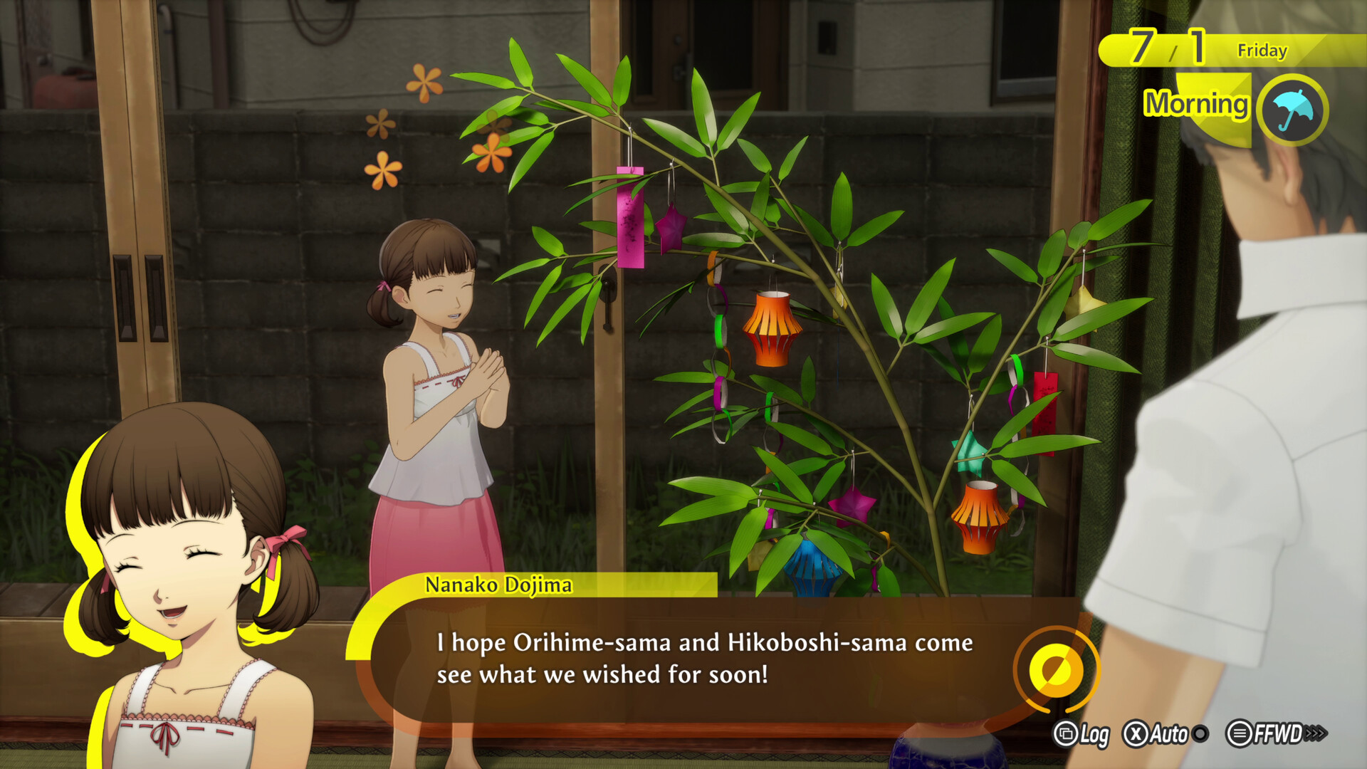 Nanako Dojima presses her hands together beside a bamboo branch hung with Tanabata wishes and paper lanterns on a rainy July morning at the Dojima house
