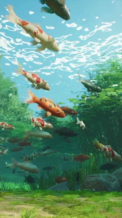 A shoal of red, white and orange koi swimming beneath the surface of a planted pond