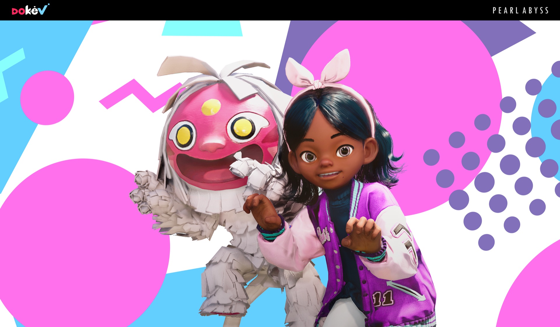 Official DokeV art of a character beside a Dokebi whose face echoes a traditional Korean dokkaebi mask