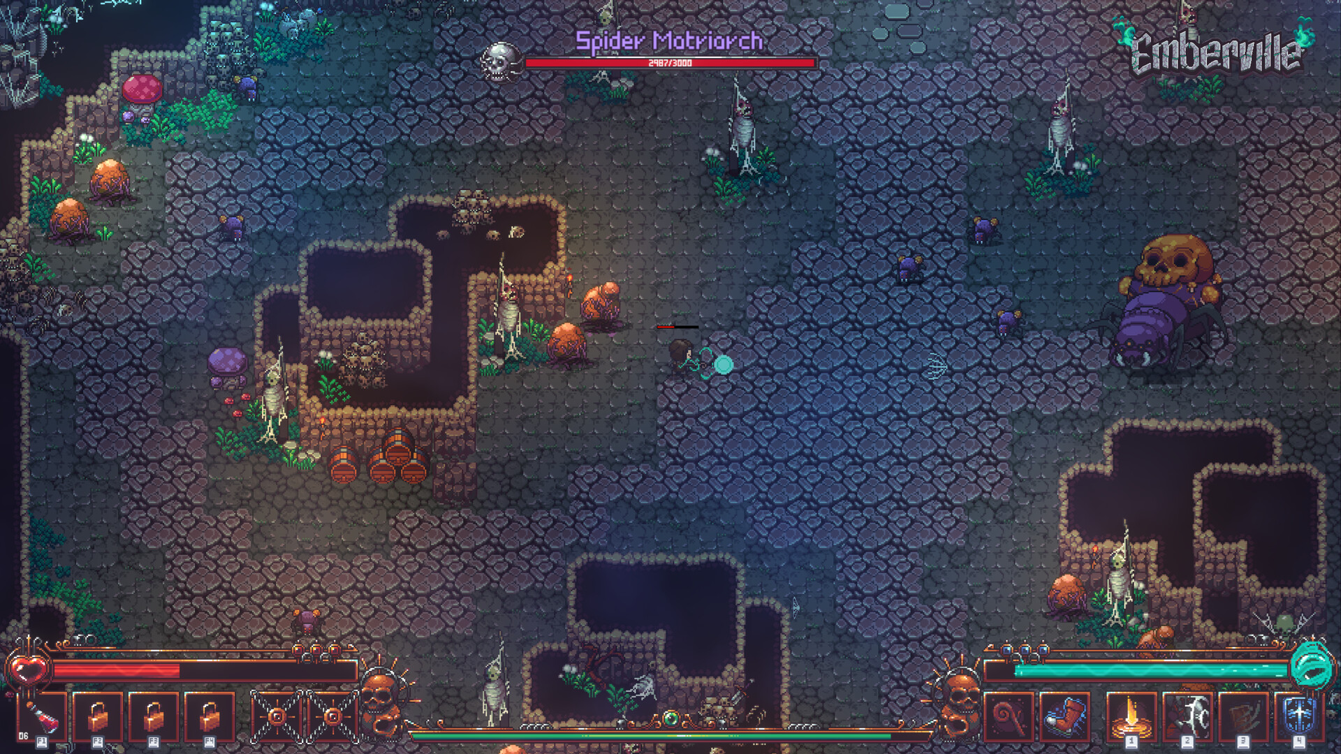 A cavern boss fight against the Spider Matriarch, with its health bar across the top of the screen