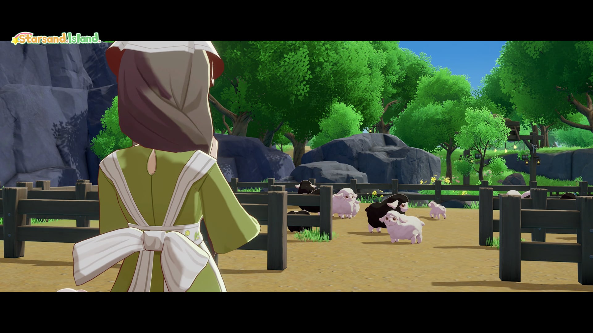 Sheep grazing in a fenced ranch area with Pastelle watching over them