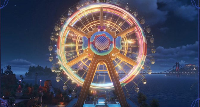 The Pukaland amusement park ferris wheel lit in gold and rainbow colours at dusk, with the bay and a suspension bridge behind it, from the Version 1.4 preview program