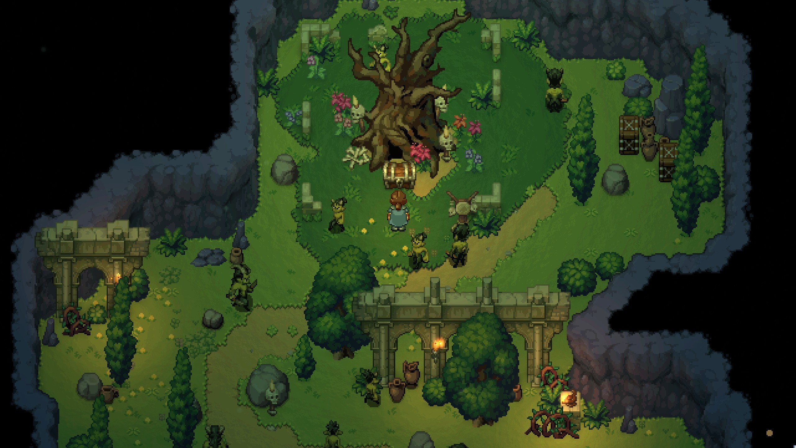 A forest unique dungeon added in the Autumn Update, a massive gnarled tree hung with skulls above a chest, with ruined stone arches, amphorae and enemies gathered on the grass below
