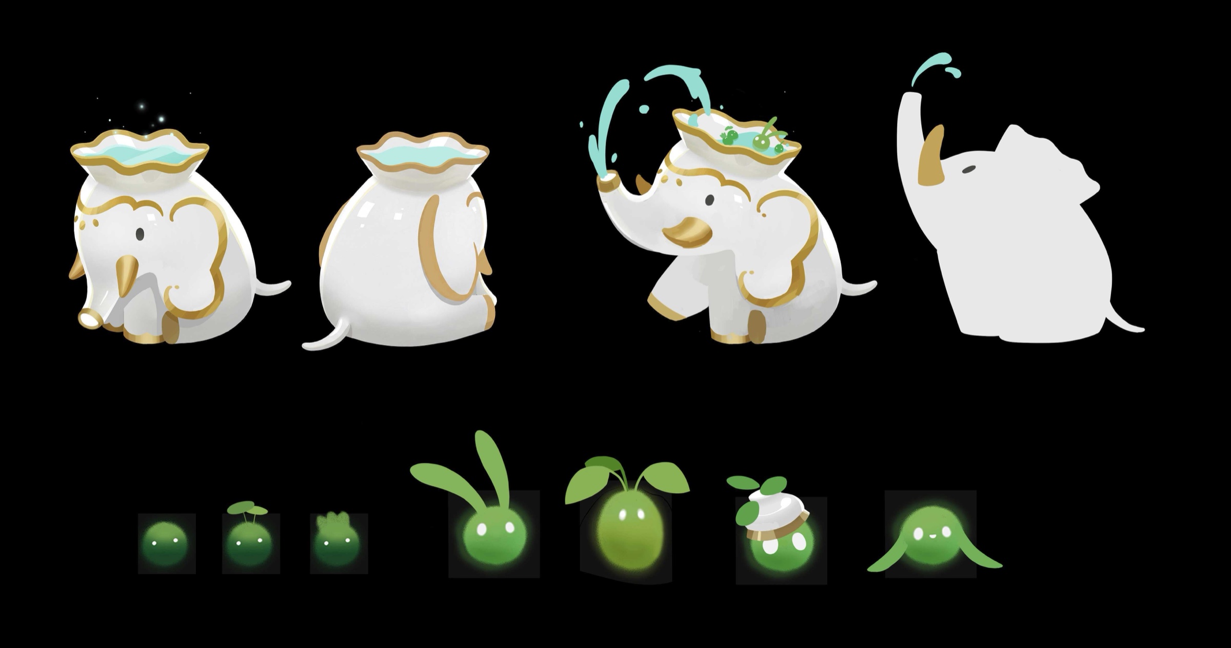 Design sheet for Kiri, the white and gold elephant golem of the Sanctuary in Ember and Blade, alongside the small green marimo golems