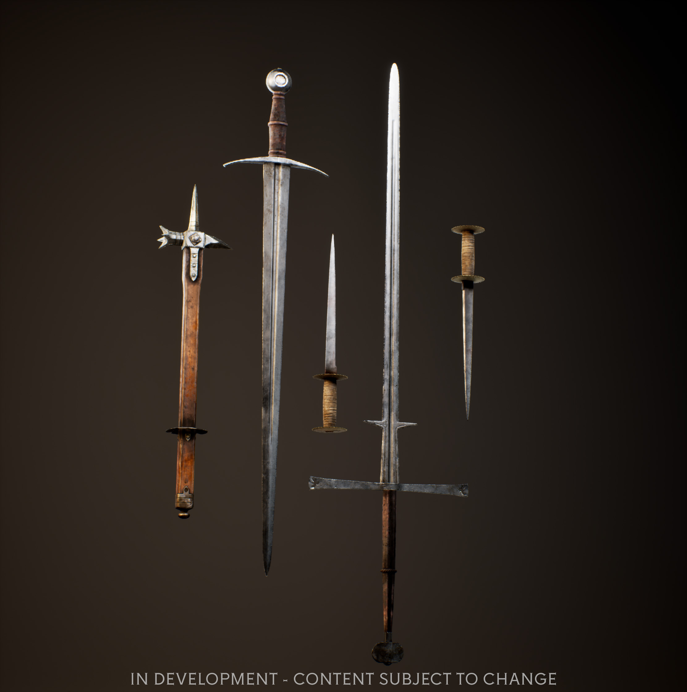 The weapon lineup from the July 2026 developer update: one-handed swords, a dagger and the two-handed Zweihaender laid out on a dark background