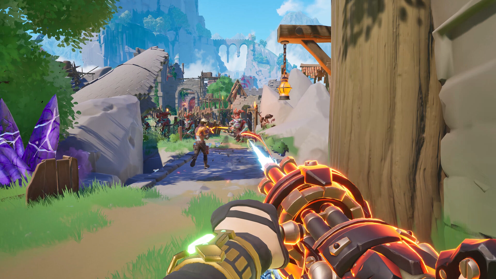 First-person view of an ornate gun in a rocky canyon with purple crystals in Guns & Dragons